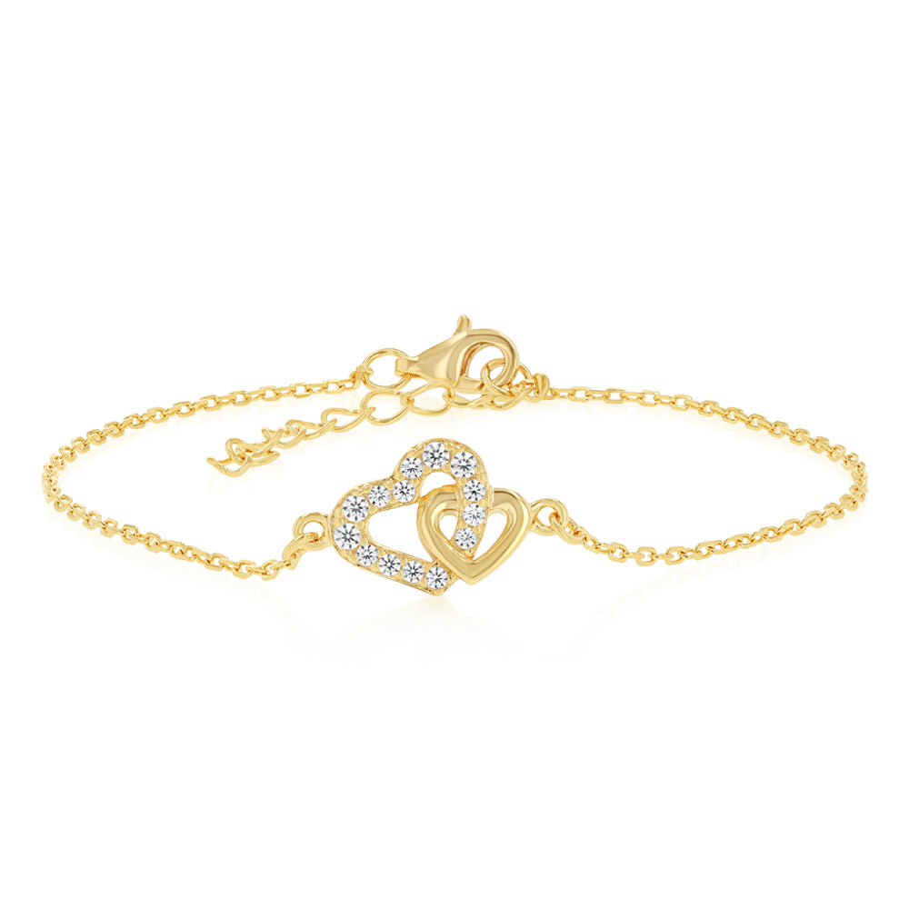 Sterling Silver Gold Plated CZ Double Heart Bracelet