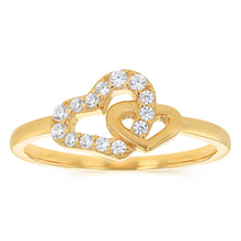 Load image into Gallery viewer, Sterling Silver Gold Plated CZ Double Heart Ring