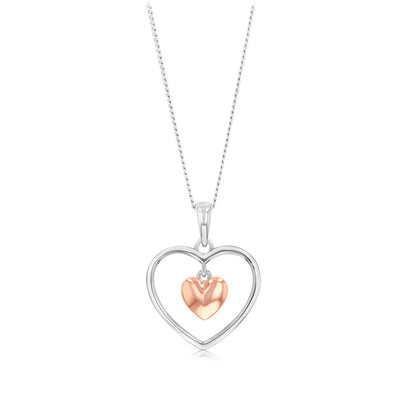 Sterling Silver Double Heart Pendant with Rose Gold Plated Inner Heart