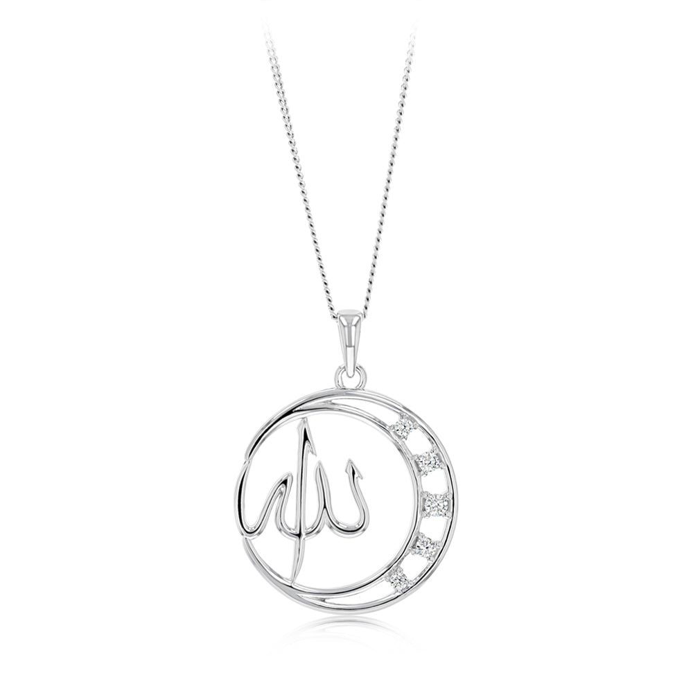 Sterling Silver CZ Crescent Moon Allah Pendant