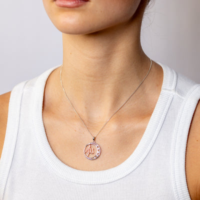 Sterling Silver CZ Crescent Moon with Rose Gold Plated Allah Pendant