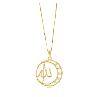 Sterling Silver Gold Plated CZ Crescent Moon Allah Pendant