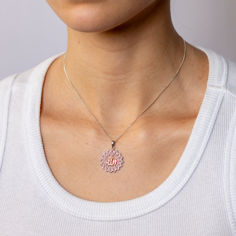 Sterling Silver and Rose Gold Plated Floral Allah Pendant