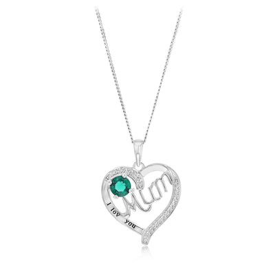 Sterling Silver Green CZ 'Mum' Heart Pendant