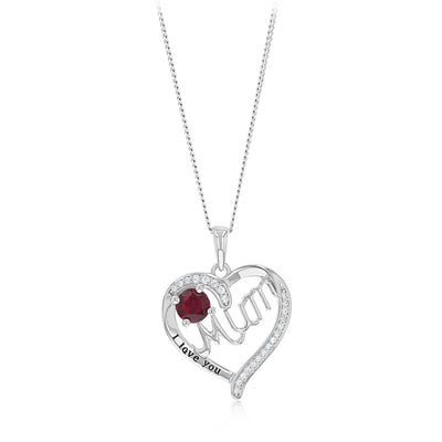 Sterling Silver Red CZ 'Mum' Heart Pendant