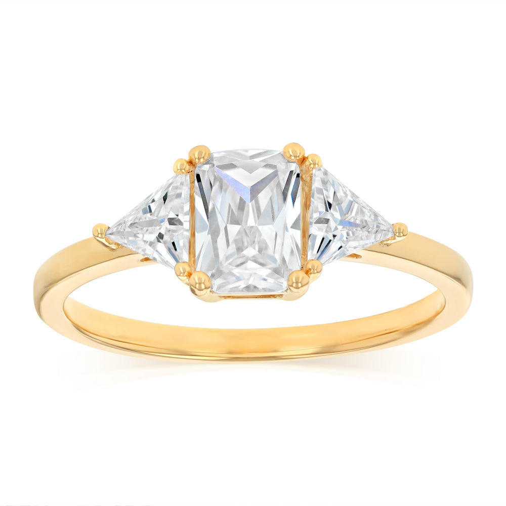 Sterling Silver Gold Plated Emerald and Trillion Cut Cubic Zirconia Ring