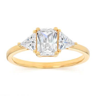 Sterling Silver Gold Plated Emerald and Trillion Cut Cubic Zirconia Ring