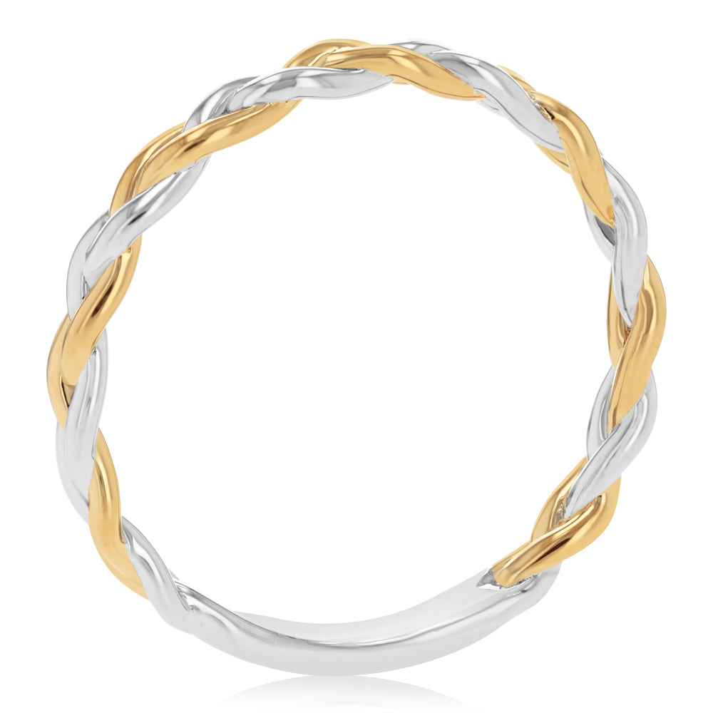 Sterling Silver Two Tone Gold Plated Braided Ring with Plain Shank