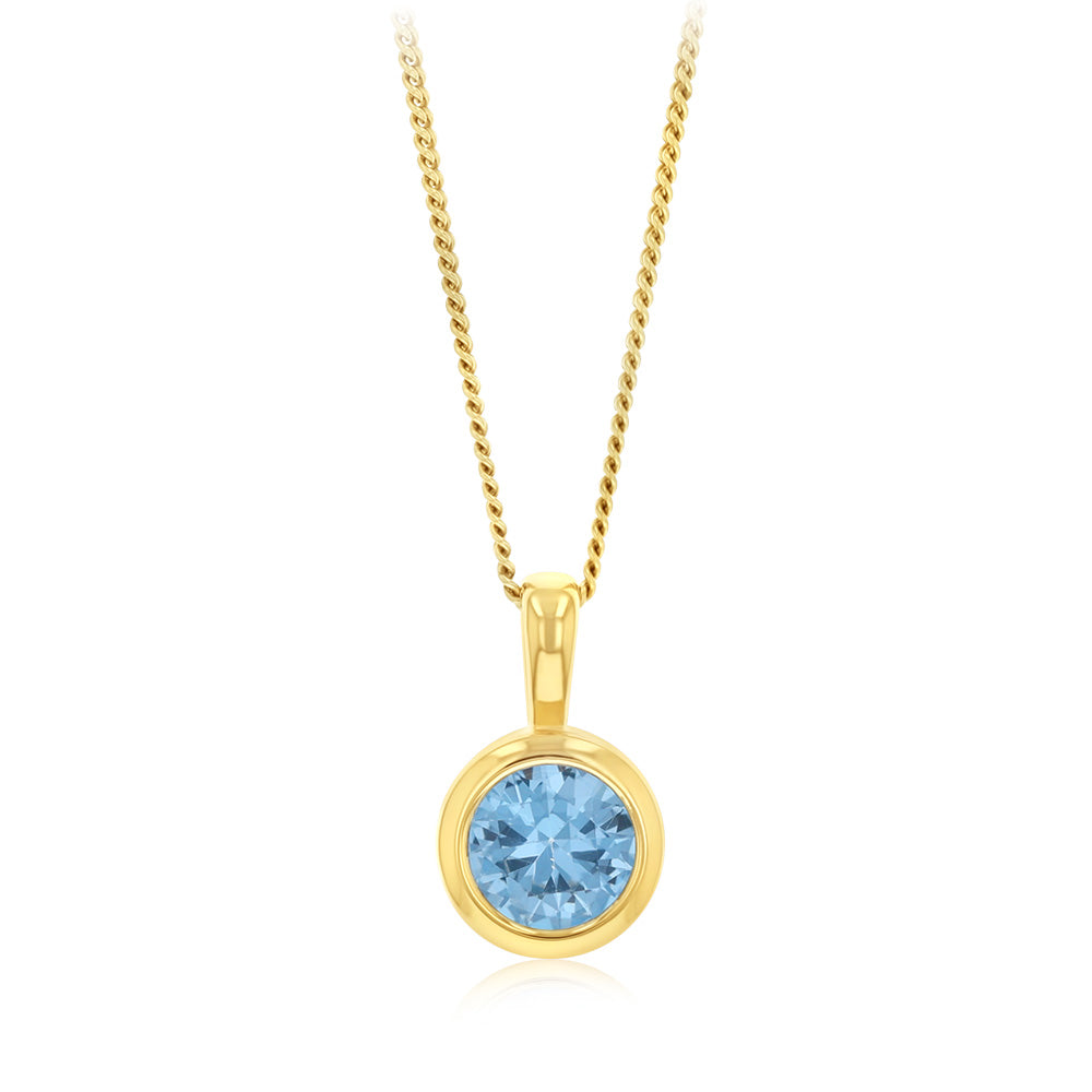 Sterling Silver Gold Plated Round Bezel Set Blue Cubic Zirconia Pendant