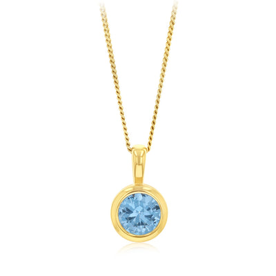 Sterling Silver Gold Plated Round Bezel Set Blue Cubic Zirconia Pendant
