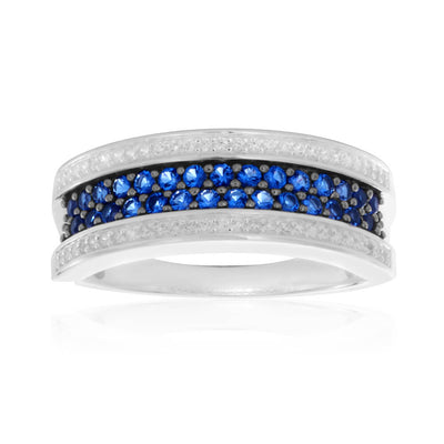 Sterling Silver Created Sapphire + Cubic Zirconia Stripe Ring
