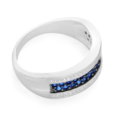 Sterling Silver Created Sapphire + Cubic Zirconia Stripe Ring