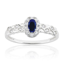 Load image into Gallery viewer, Sterling Silver Oval Cut Created Sapphire and Cubic Zirconia Ring