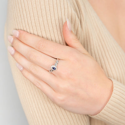 Sterling Silver Oval Cut Created Sapphire and Cubic Zirconia Ring