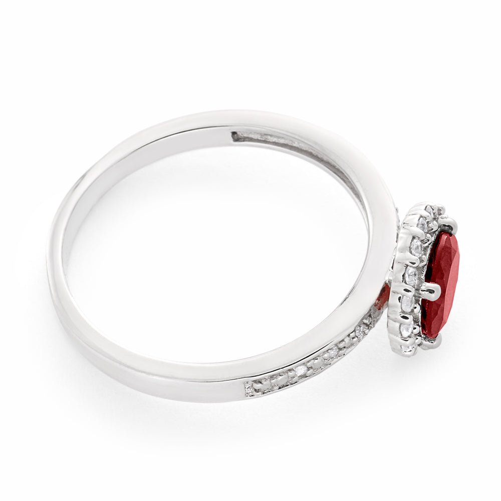 Sterling Silver Rhodium Plated Garnet + White Zircon Ring