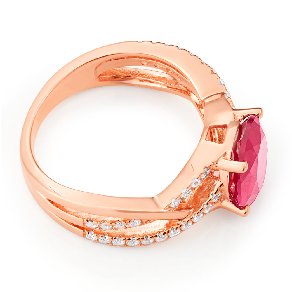 Sterling Silver Rose Gold Plated Created Ruby and Zirconia Ring