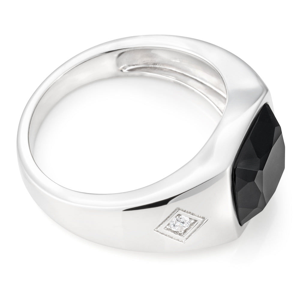 Sterling Silver Rhodium Plated Onyx and Zirconia Square Gents Ring