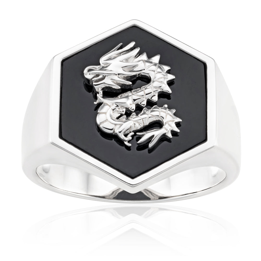 Sterling Silver Rhodium Plated Hexagonal Onyx Dragon Ring