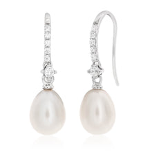 Load image into Gallery viewer, Sterling Silver White Freshwater Pearl + Cubic Zirconia Drop Earrings