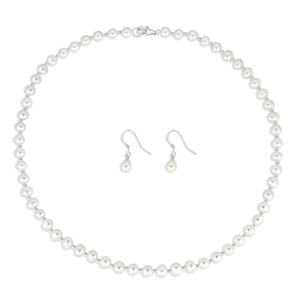 Sterling Silver White Freshwater Pearl Chain & Earring Boxed Set
