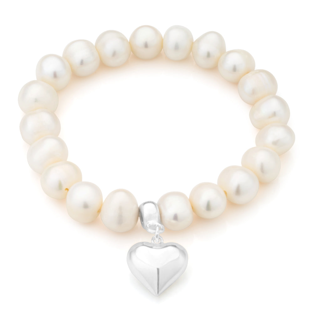 White 10mm Freshwater Pearl and Heart Charm Bracelet