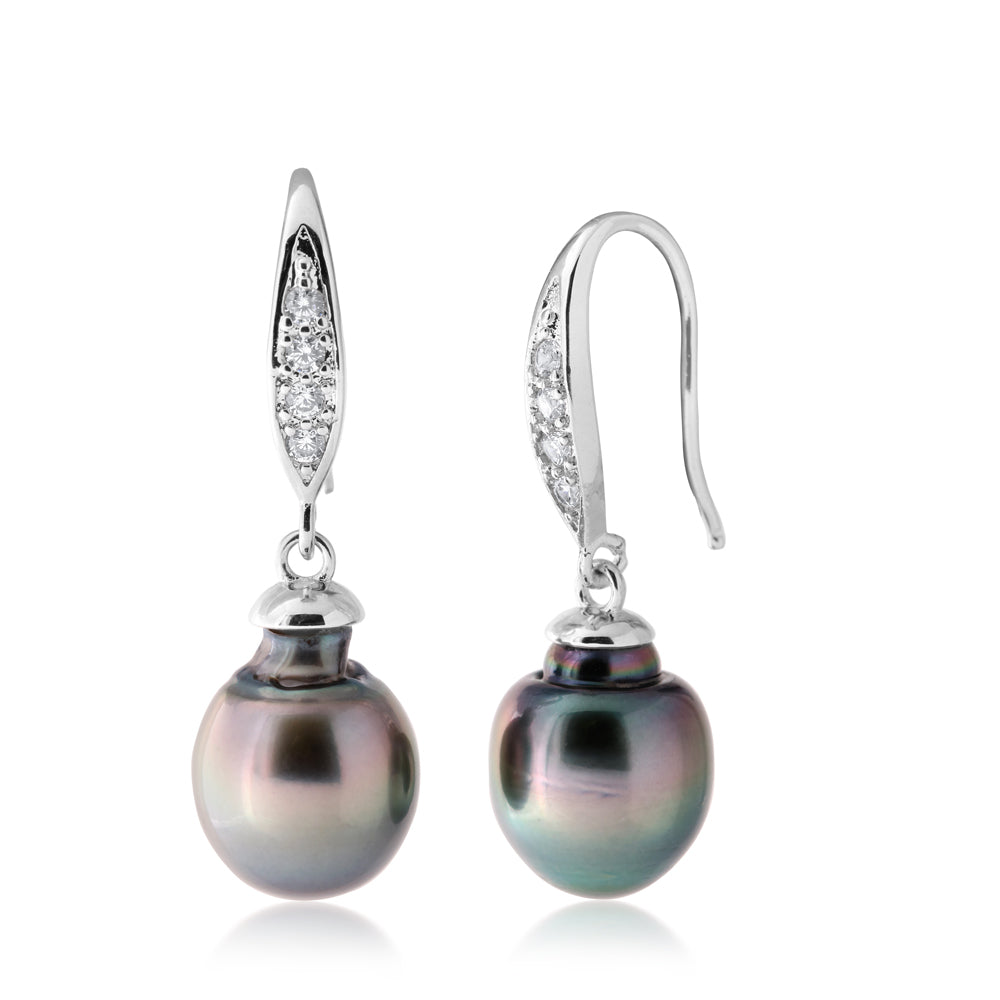 Sterling Silver Tahitian Pearl & Zirconia Drop Earrings