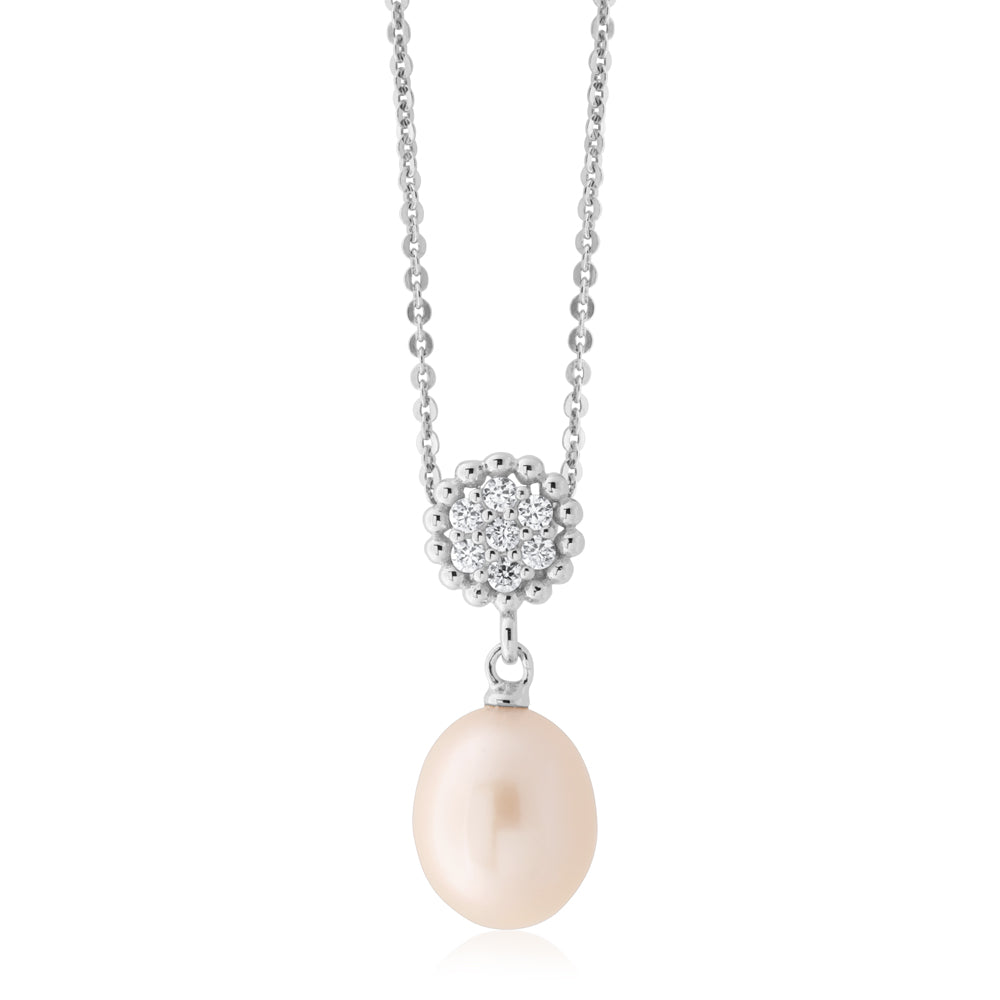 Sterling Silver Freshwater Pearl 8.5-9mm & Zirconia Pendant