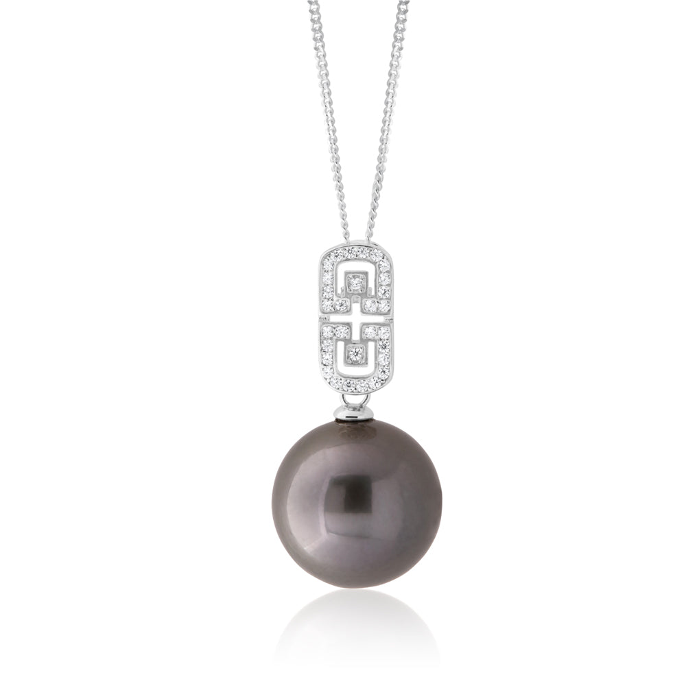 Sterling Silver 12mm Tahitian Pearl & Zirconia Pendant with 45cm chain