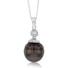 Load image into Gallery viewer, Sterling Silver Tahitian Pearl &amp; Zirconia Pendant with 45cm Sterling Silver Chain