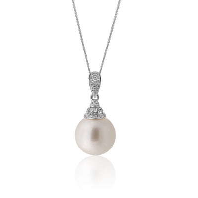 Sterling Silver 12-13mm South Sea Pearl and Zirconia Pendant with 45cm Chain