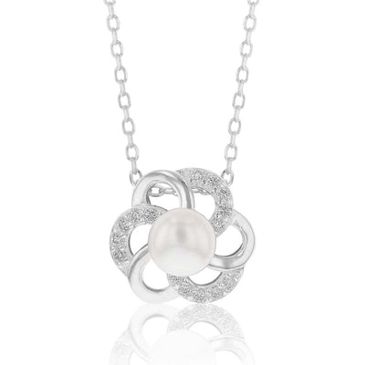 Sterling Silver Boxed Freshwater Pearl and Zirconia Flower Set with 45cm Chain