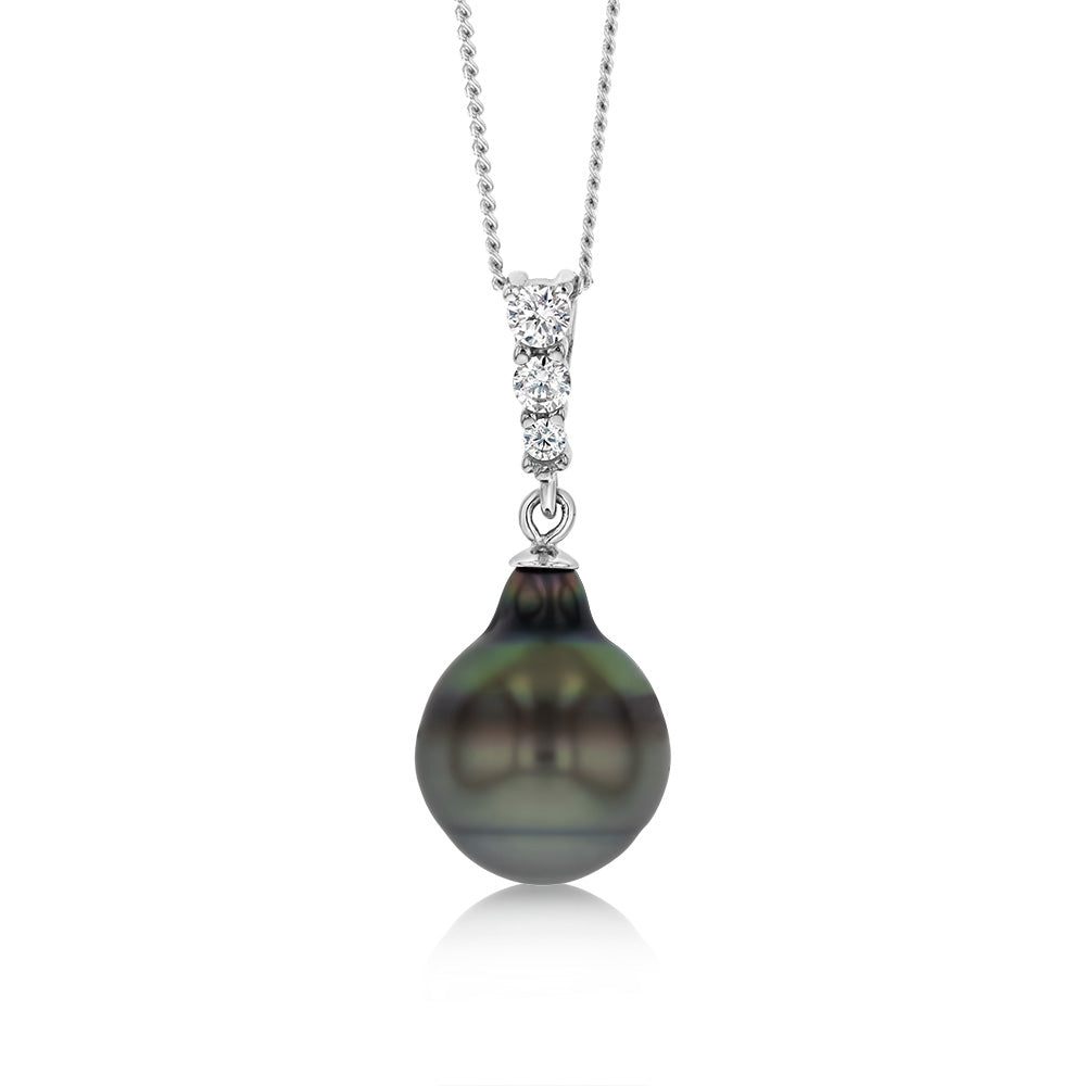 Sterling Silver Tahitian Pearl & Zirconia Pendant