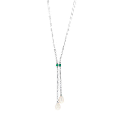 Sterling Silver Rhodium Plated Zirconia And 7.5-8mm Oval Fresh Water Pearl Pendant On Chain