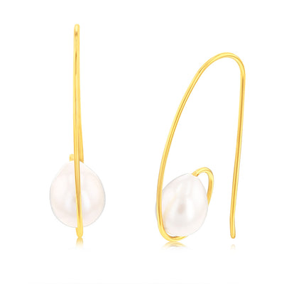 Sterling Silver Gold Plated 8-8.5mm Oval Freshwater Pearl Earrings