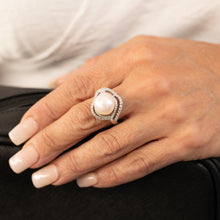 Load image into Gallery viewer, Sterling Silver Rhodium Plated 12-12.5mm White FW Button Pearl &amp; CZ Ring