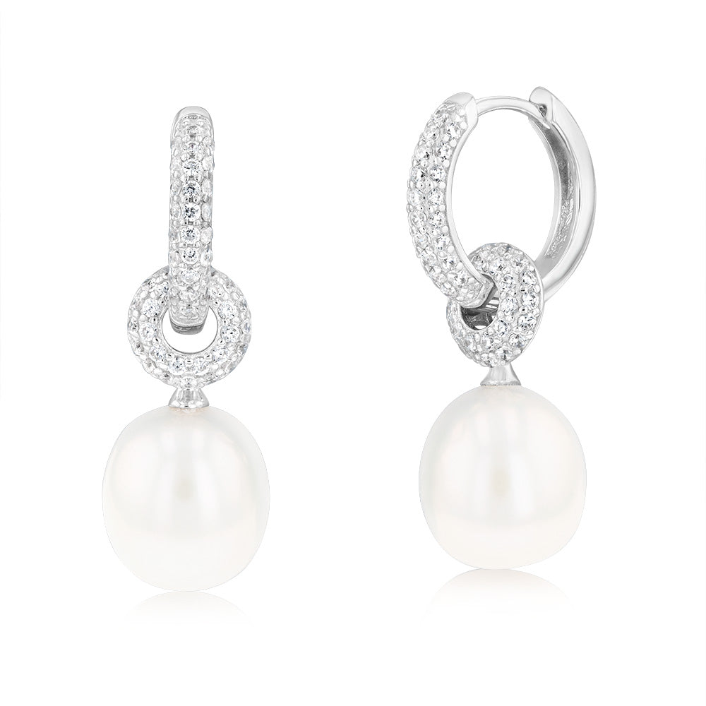 Sterling Silver Rhodium Plated 10.5-11mm Drop Fresh Water Pearl And Zirconia Earrings