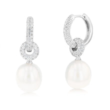 Load image into Gallery viewer, Sterling Silver Rhodium Plated 10.5-11mm Drop Fresh Water Pearl And Zirconia Earrings
