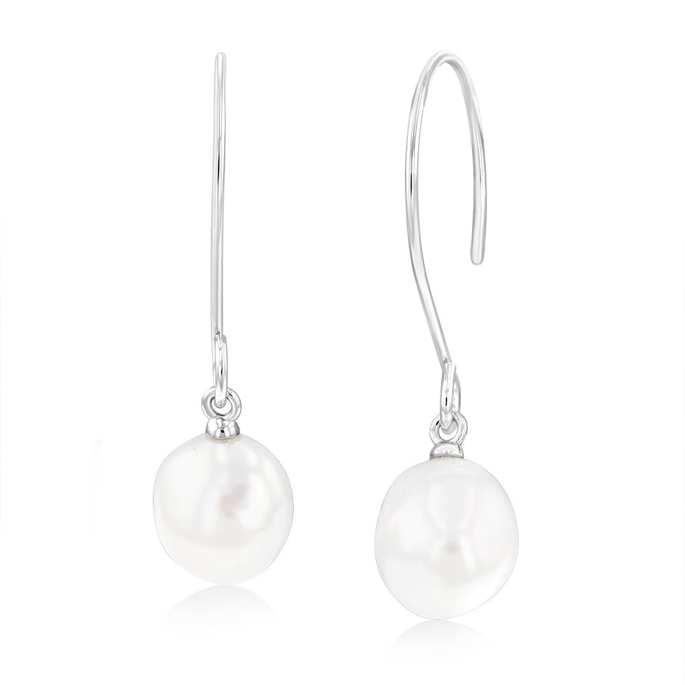 Sterling Silver Rhodium Plated 9-10mm Irregular Fresh Water Pearl Hook Earring