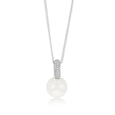 10-11mm White South Sea Pearl Pendant with Pave Zirconia Bale on 45cm Chain in Sterling Silver