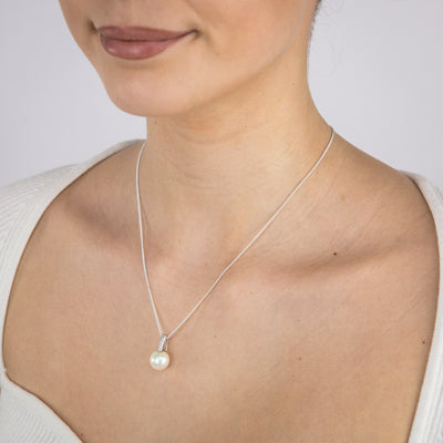 10-11mm White South Sea Pearl Pendant with Pave Zirconia Bale on 45cm Chain in Sterling Silver