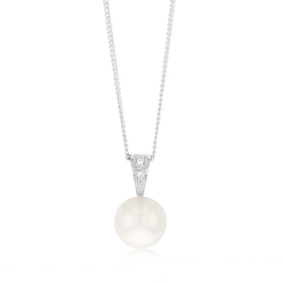 11-12mm White South Sea Pearl and Diamond Pendant on 45cm Chain in Sterling Silver