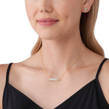 Load image into Gallery viewer, Michael Kors 14ct Yellow Gold Plated Sterling Silver Tapered Baguette Bar Earring &amp; Pendant Chain Set